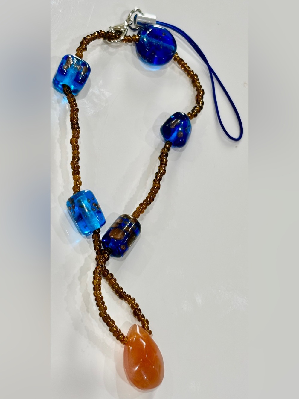 Handmade Blue and Amber Glass Beaded Phone Strap/Lanyard Charm with Blue Cord